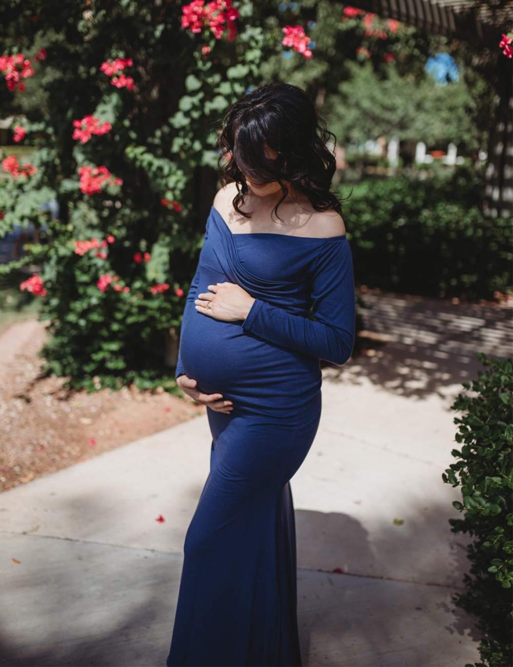 JustVH Maternity Elegant Fitted Gown Long Sleeve Cross-Front V Neck Dress