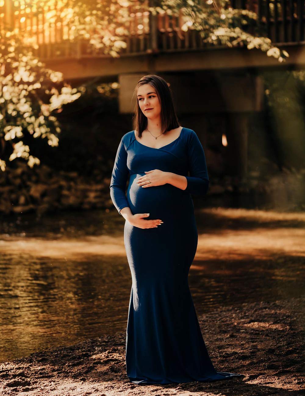 JustVH Maternity Elegant Fitted Gown Long Sleeve Cross-Front V Neck Dress