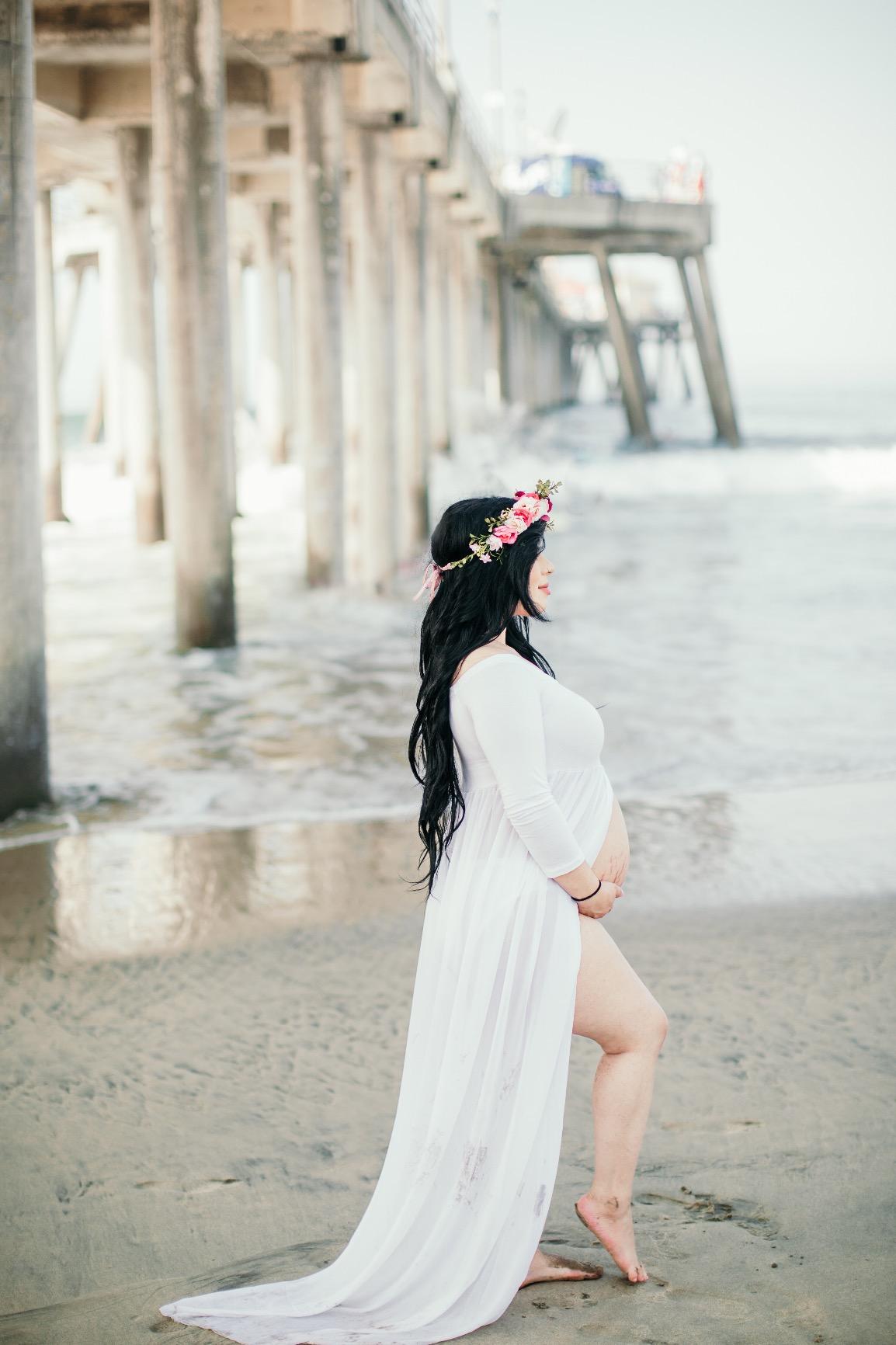 JustVH Maternity Off Shoulder Chiffon Gown Long Sleeve Front Split Photoshoot Dress