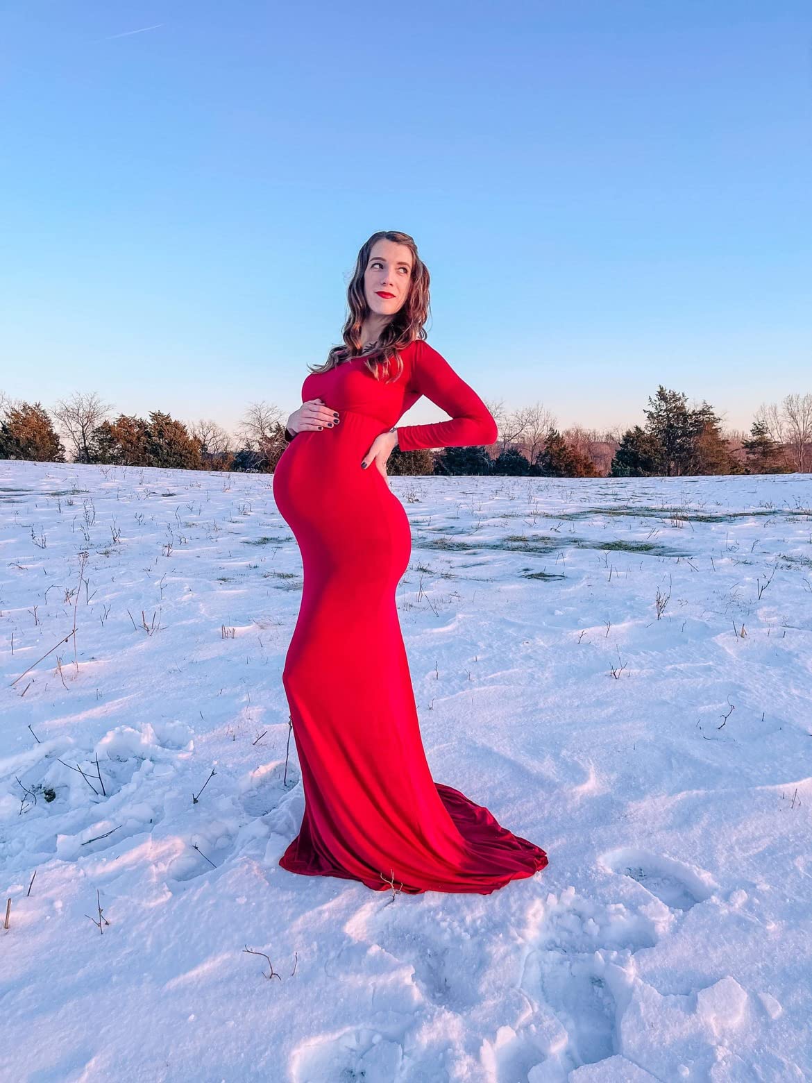 JustVH Maternity Elegant Fitted Gown Long Sleeve Cross-Front V Neck Dress