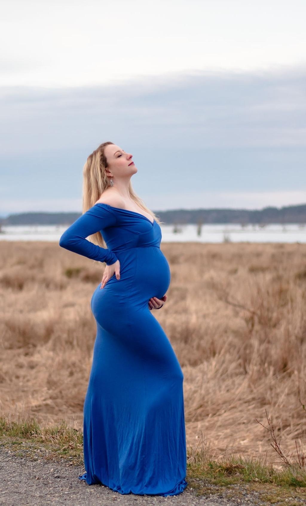 JustVH Maternity Elegant Fitted Gown Long Sleeve Cross-Front V Neck Dress