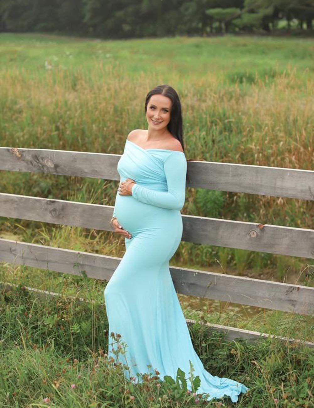 JustVH Maternity Elegant Fitted Gown Long Sleeve Cross-Front V Neck Dress