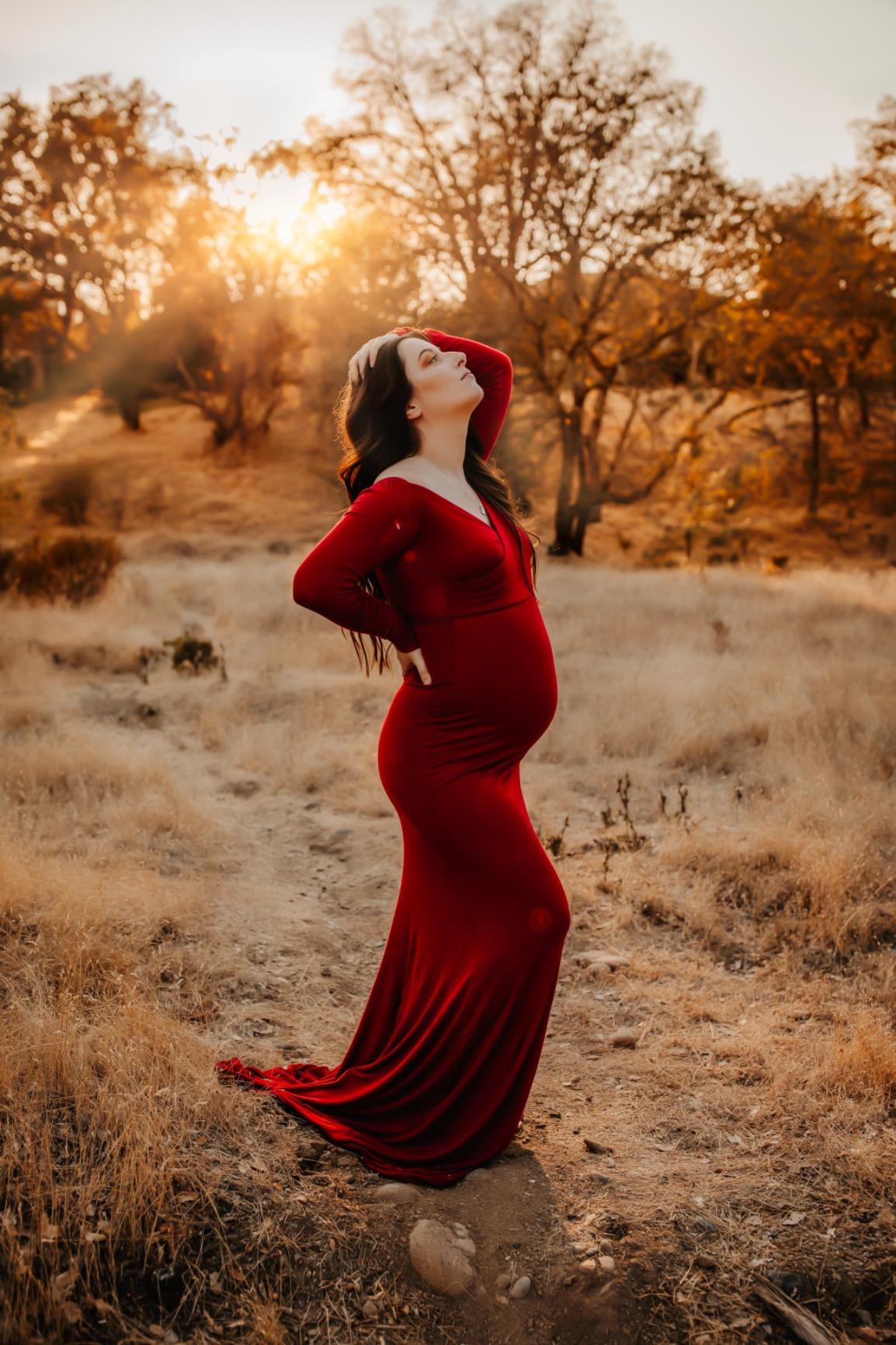 JustVH Maternity Elegant Fitted Gown Long Sleeve Cross-Front V Neck Dress