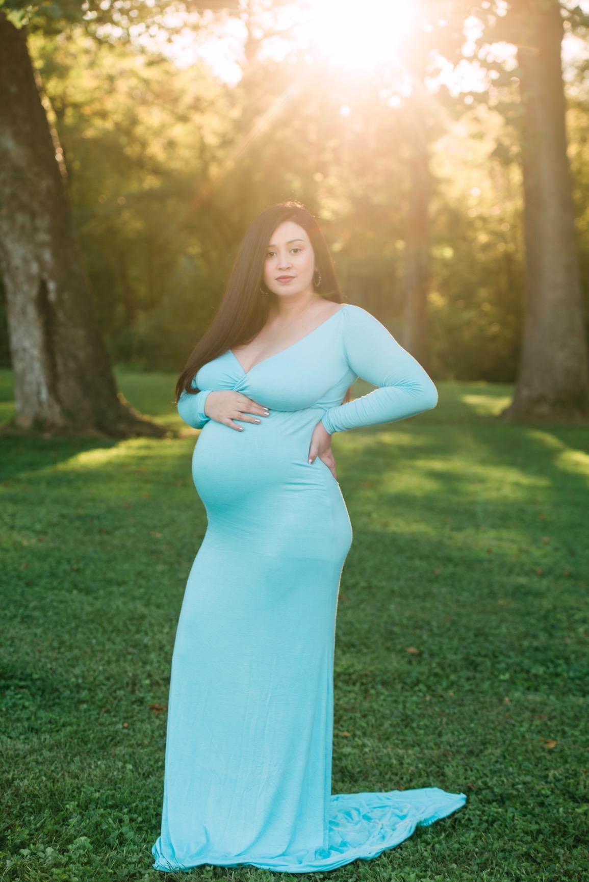 JustVH Maternity Elegant Fitted Gown Long Sleeve Cross-Front V Neck Dress