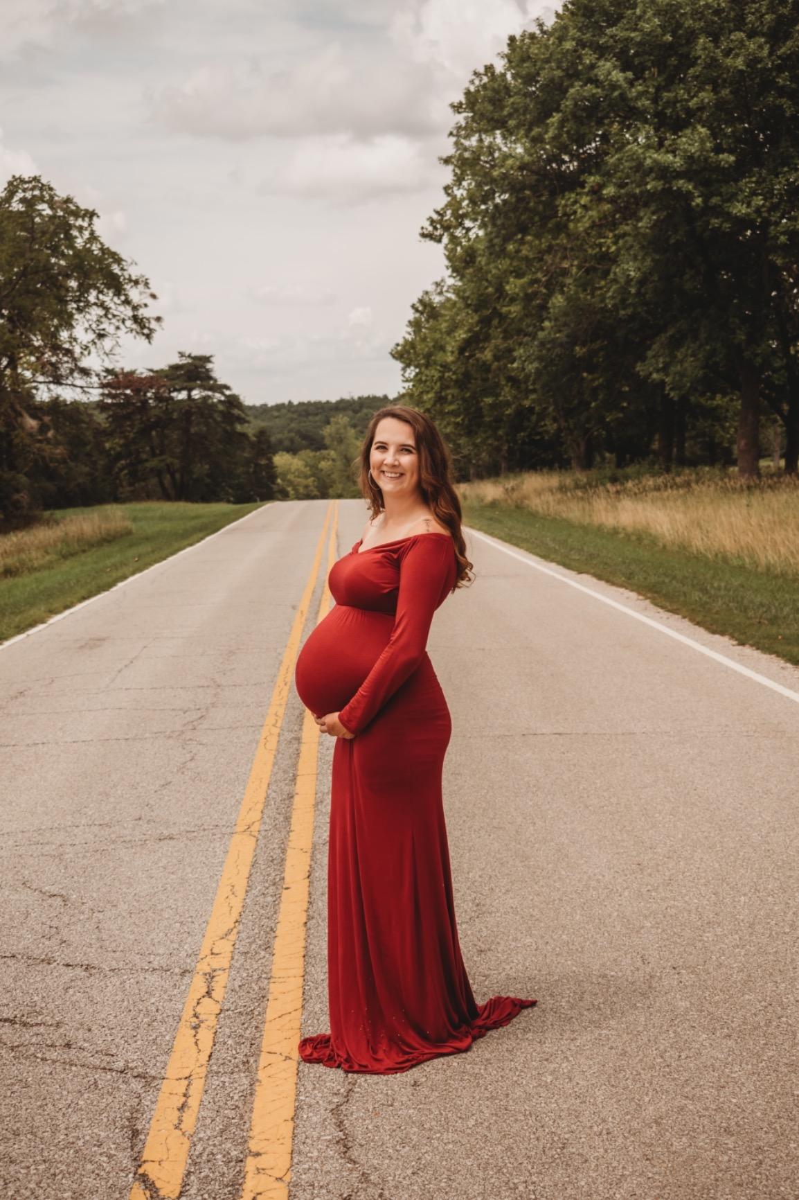 JustVH Maternity Elegant Fitted Gown Long Sleeve Cross-Front V Neck Dress