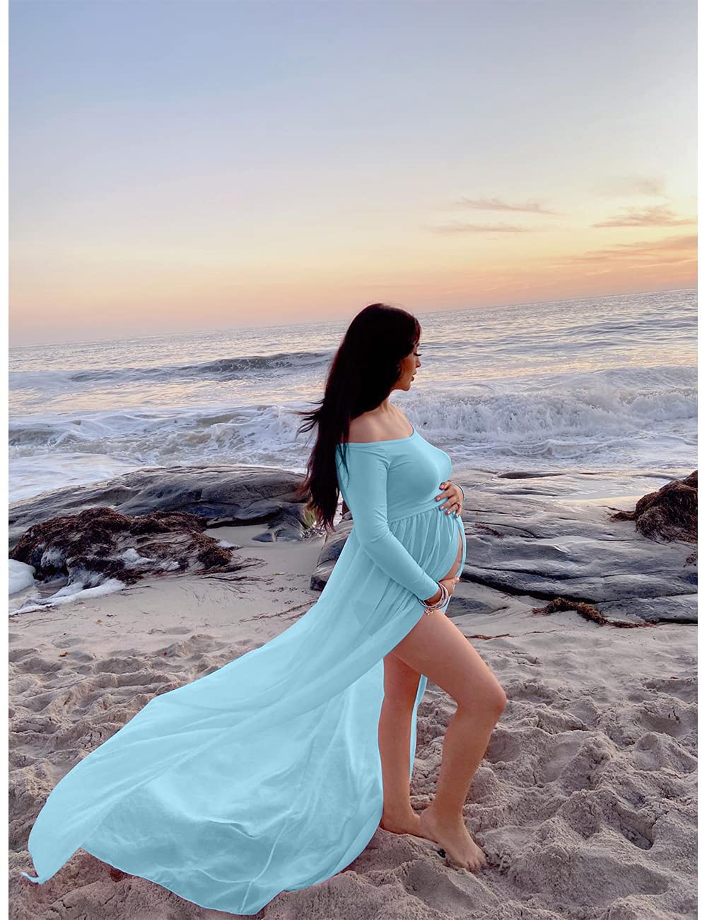 JustVH Maternity Off Shoulder Chiffon Gown Long Sleeve Front Split Photoshoot Dress